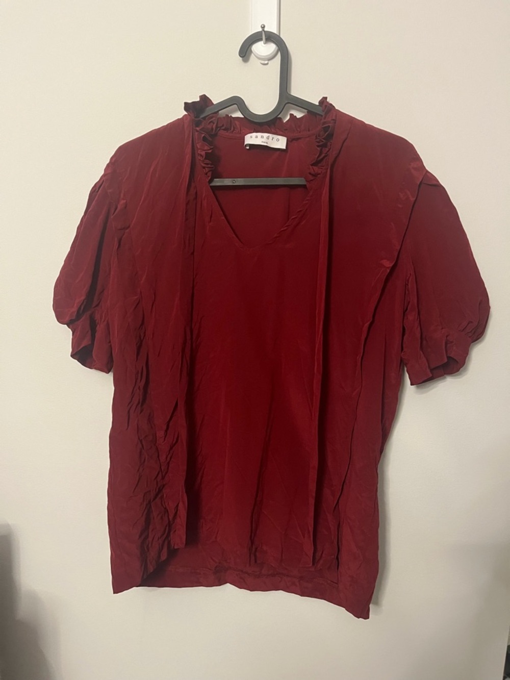 Sandro Women's Ruffled V-Neck Short Sleeve Top - Burgundy image 2
